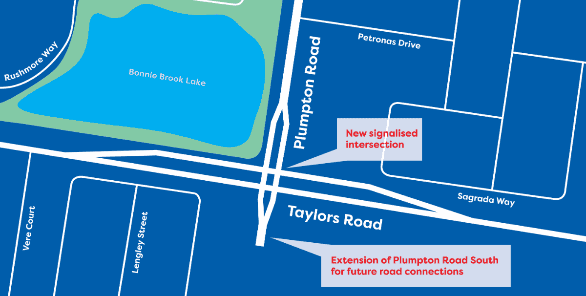 Map showing new intersetion location at the corner of Taylors Road and Plumpton Road. 